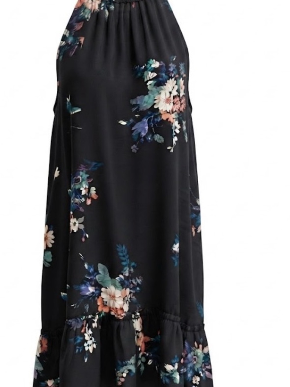 Xhilaration Black Floral Halter Dress with Green & Coral Blooms